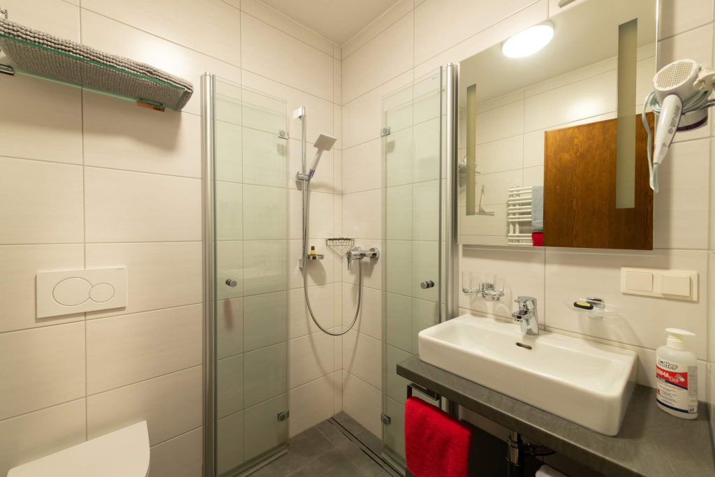 Modernes Badezimmer mit Duschbereich, Waschbecken und Spiegel im Apartmenthaus Rainer.
